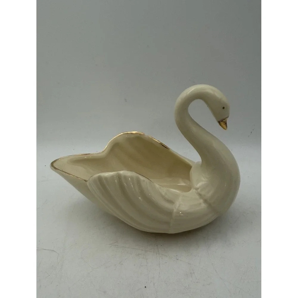 Vintage White Ceramic Swan Planter Trinket Dish Gold Trim Vanity Catchall 4.5